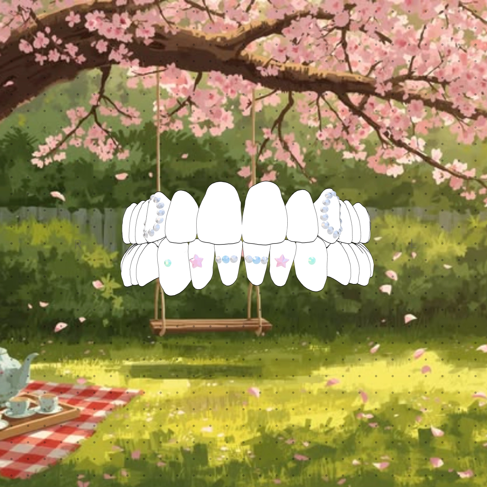 Blue-star tooth gem smile map on a sakura-swing backdrop by @thegemisthub.aus