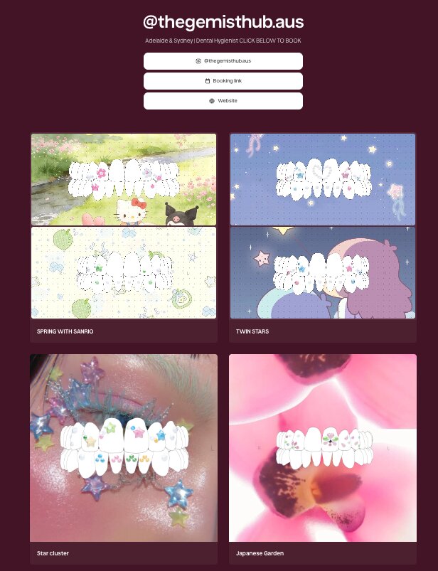 A tooth gem artist link-in-bio portfolio page showing a grid of finished gem designs